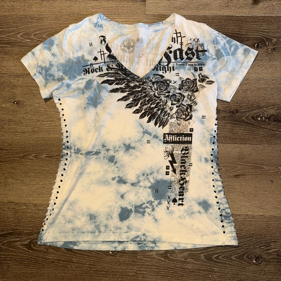 Affliction White Blue Tie Dye Graphic Shirt Size M - Picture 1 of 6